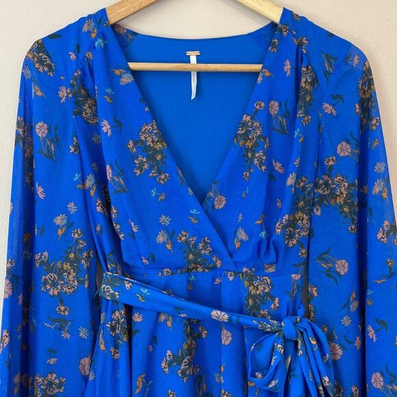 Free People Lilou Printed Mini Dress Fairy Boho Bell Sleeve Cobalt Blue Small - Picture 4 of 12